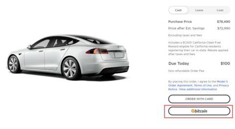 Tesla's US website supports using Bitcoin to pay