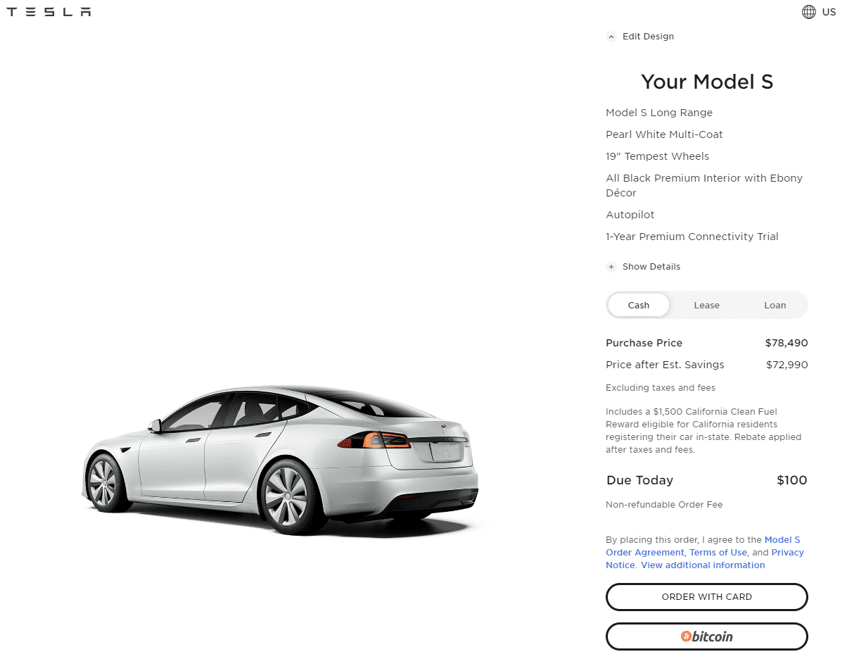 Tesla's US website supports using Bitcoin to pay