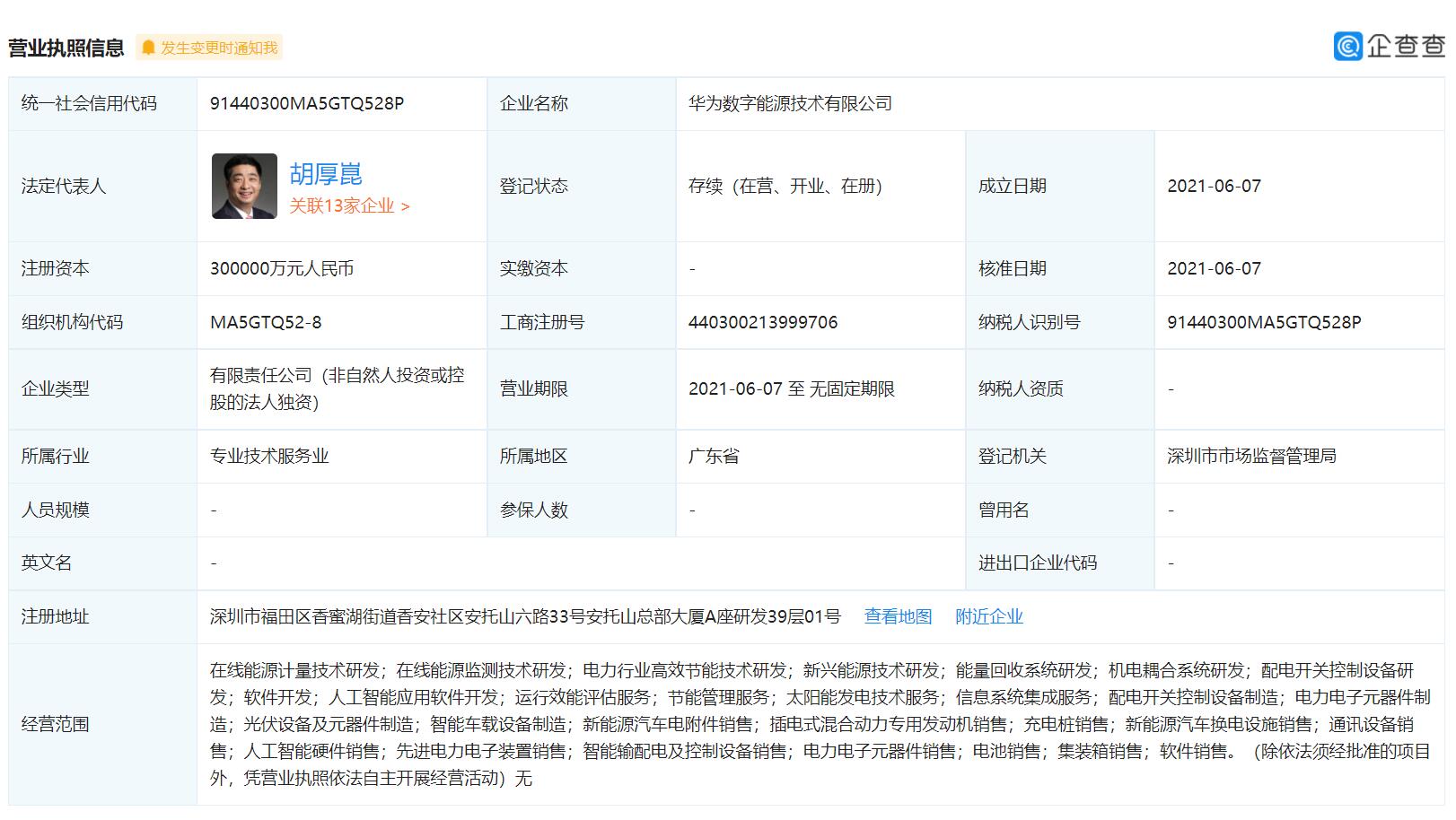 Huawei establishes new company with business scope including battery swap facility sales