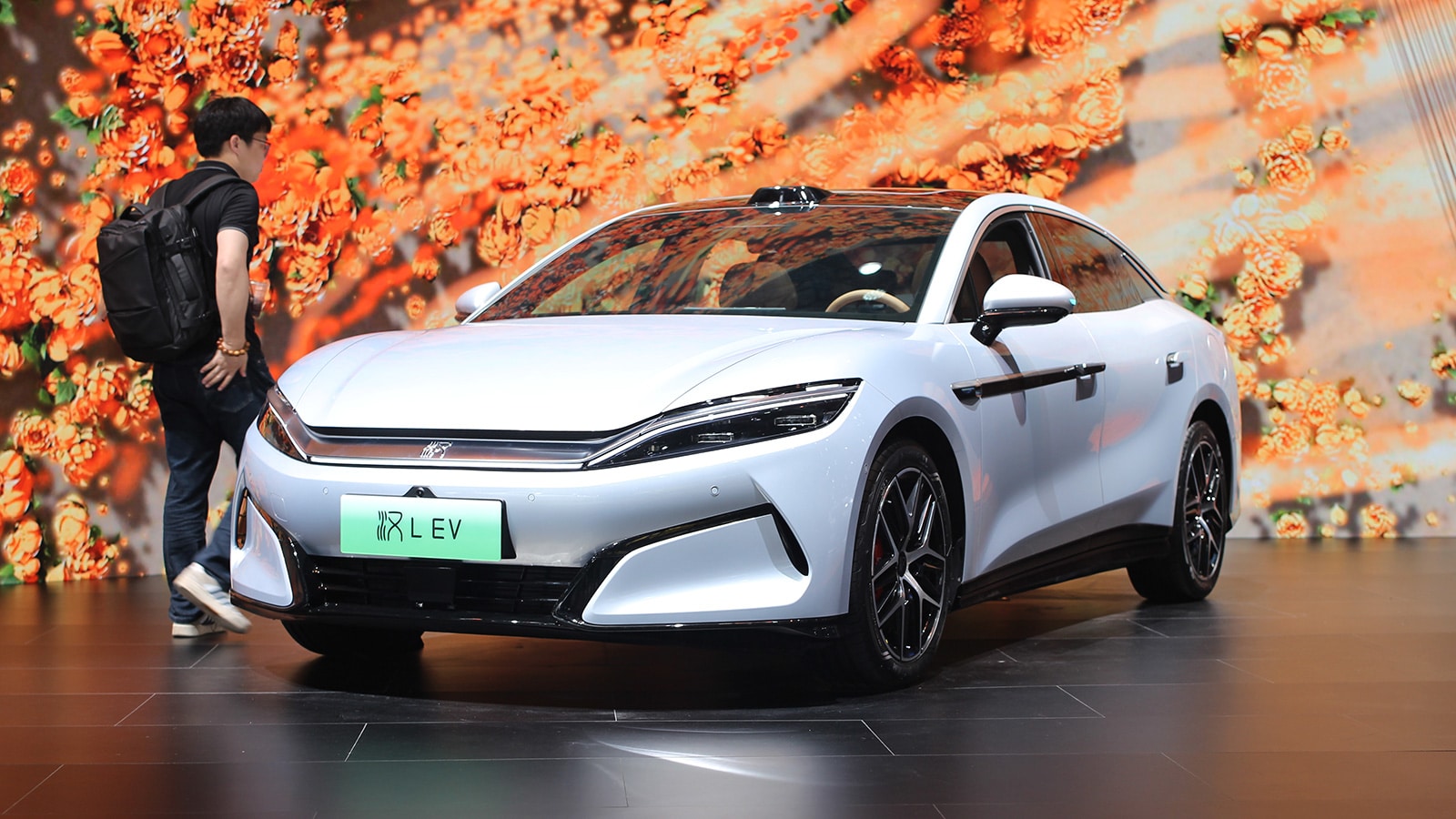 A BYD Han L EV displayed at the Shanghai auto show in April 2025.
