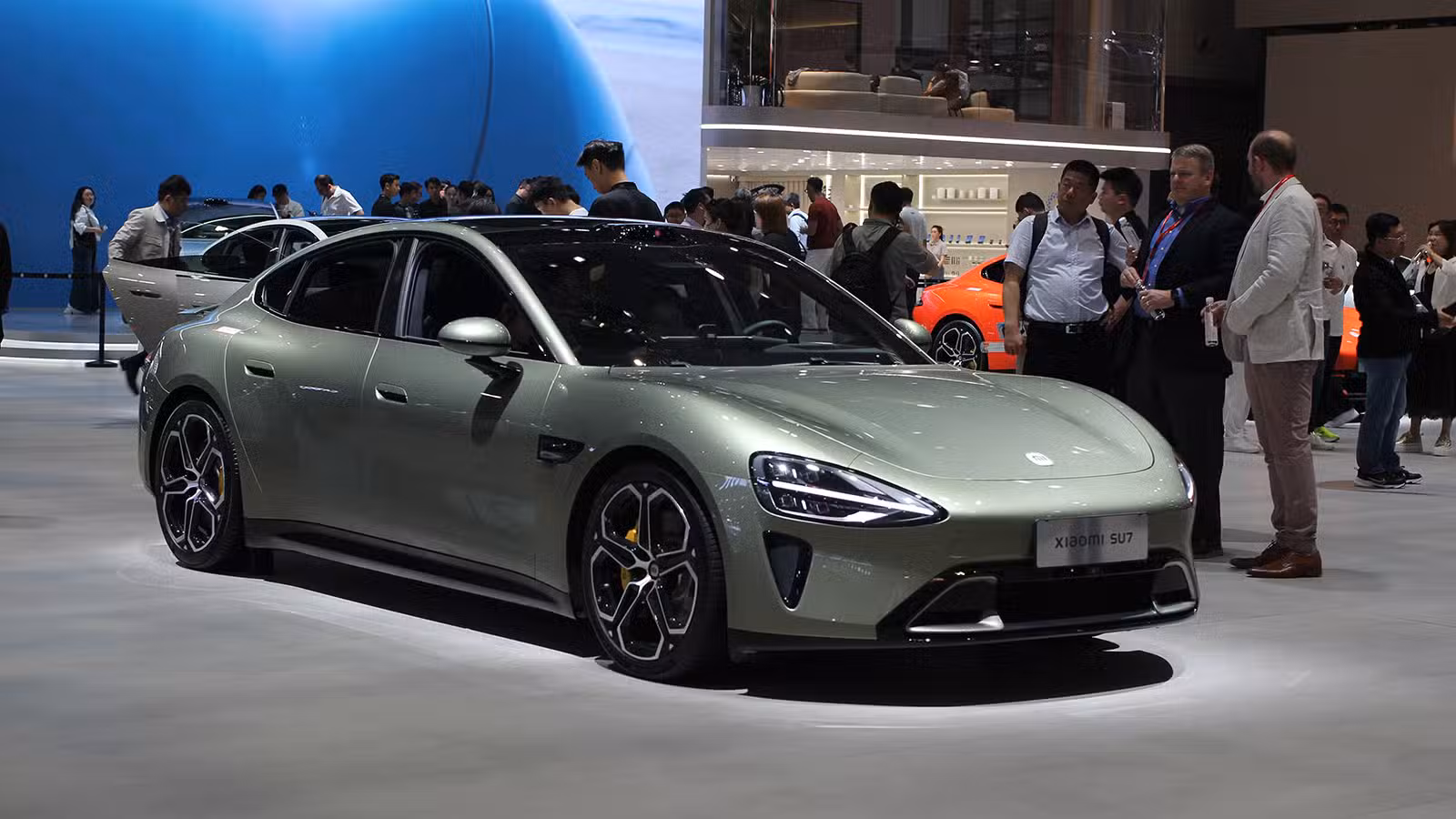 A Xiaomi SU7 displayed at the Shanghai auto show in April 2025.